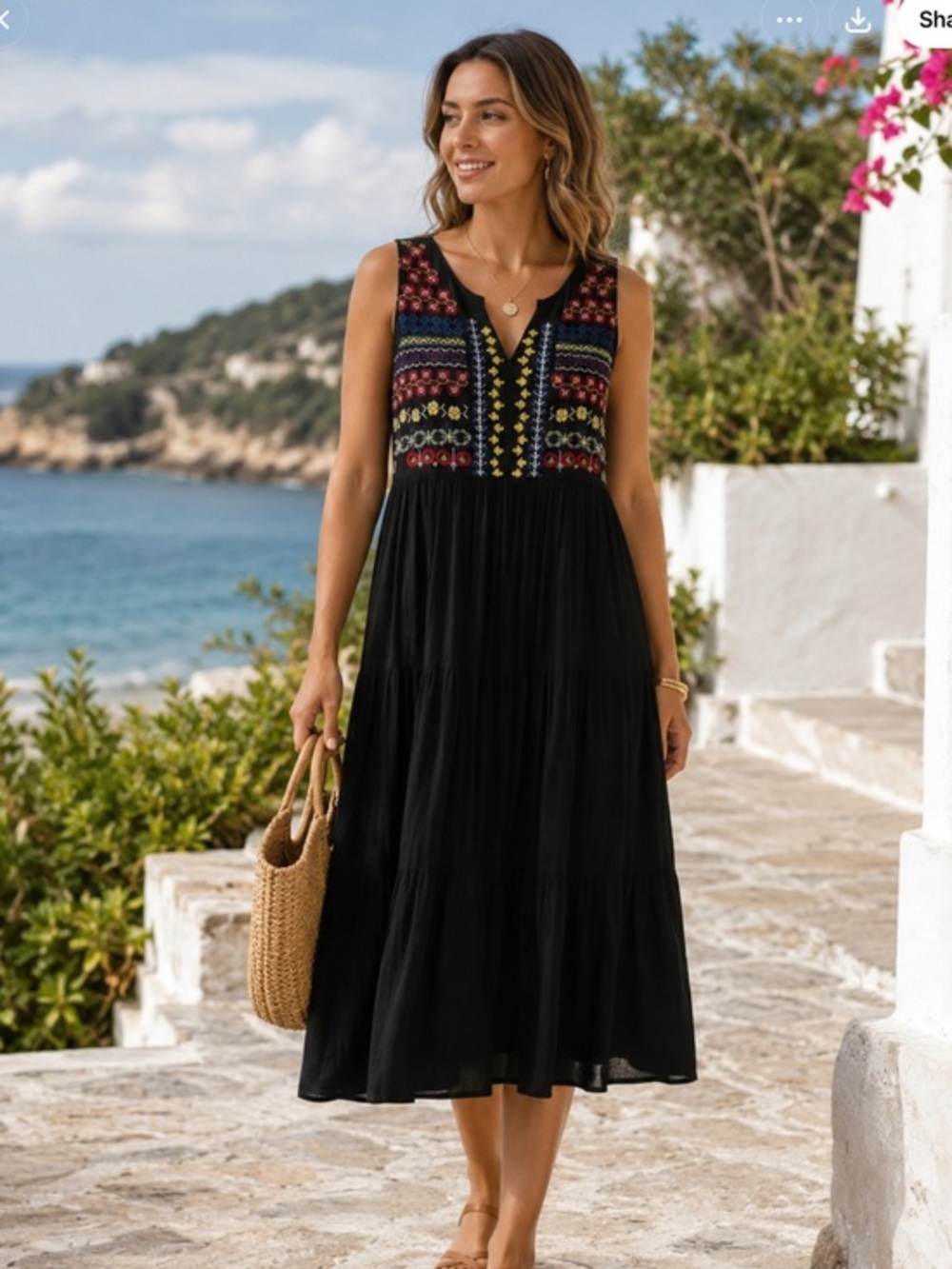 Embroidered Black Sleeveless V-Neck Women’s midi dress size large